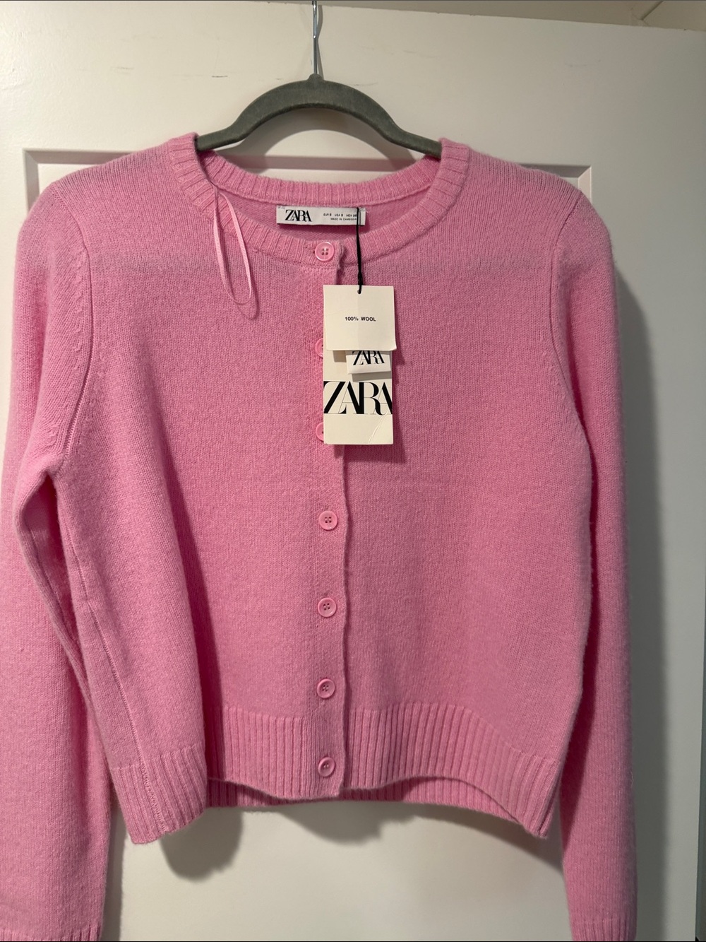 ZARA Pink Button-Front Wool Crewneck Cardigan